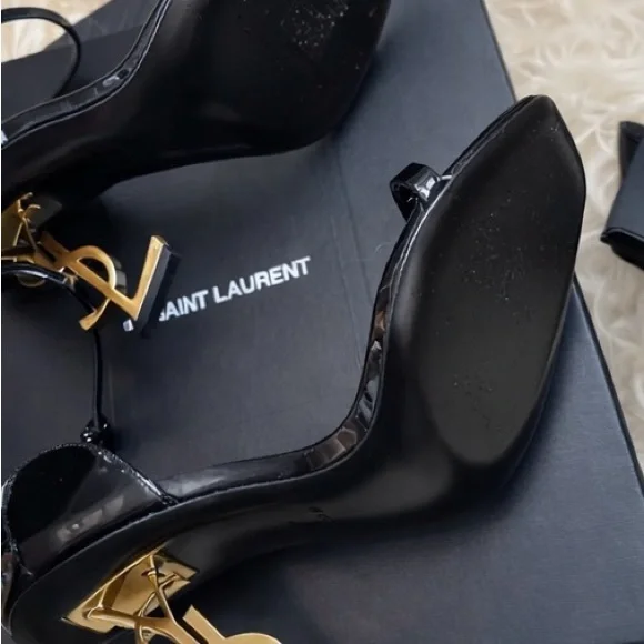 Yves Saint Laurent Black Heels with Gold Logo Accent - Picture 4 of 6